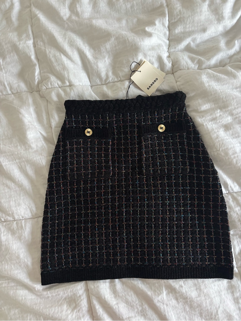 Sandro Black Tweed Mini Skirt with Gold Button Detailing
